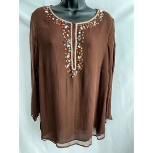 Vintage New York City Design Co. Woman 100% Silk Brown Studded Jewel Blouse 1X